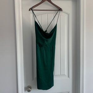 Backless green silk lace up mini dress with cowl neck. Size L.